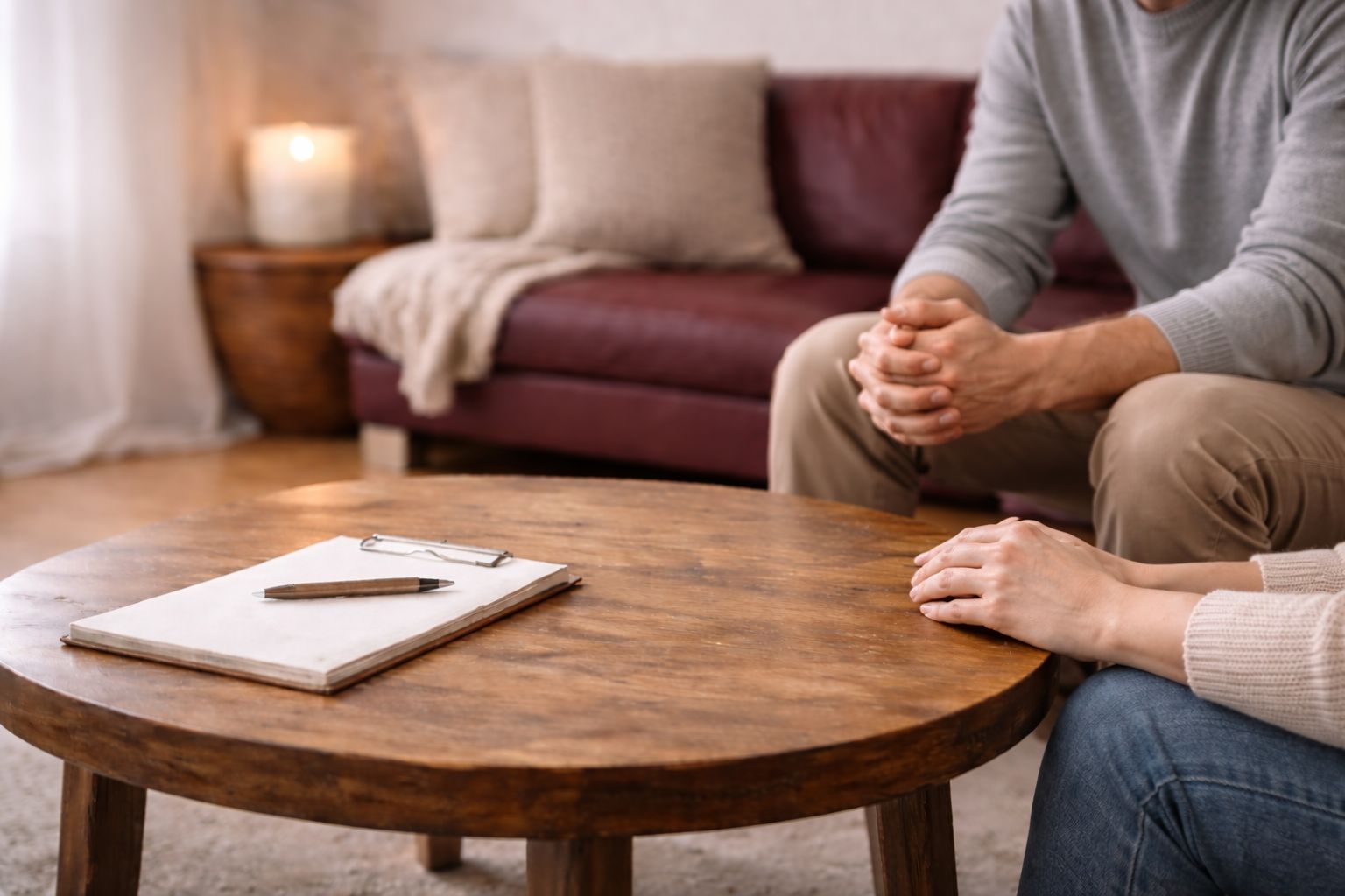 Zwei Personen sitzen an einem runden Holztisch mit Notizblock, im Hintergrund ein Sofa